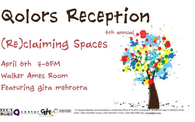 "qolors reception" title at the top, with a tree made of splatters of color on the right and info about the event on the left, including date, time, and speaker. logos and access info at the very bottom