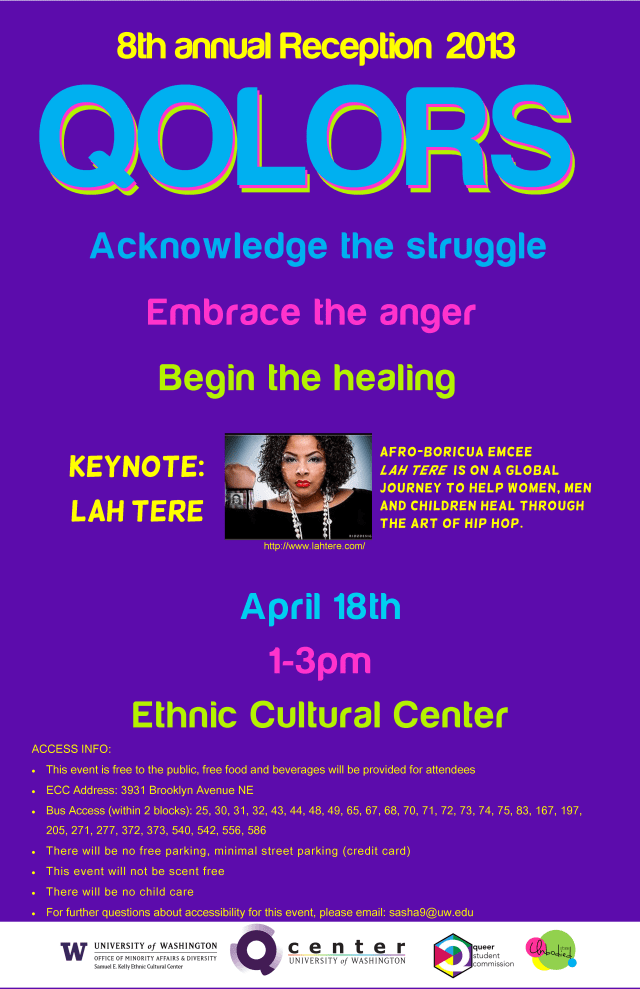 "qolors" written in three different colors over laying each other just slightly, so that the word "qolors" that are beneath layers are just barely showing. Theme reading "acknowledge the struggle, embrace the anger, begin the healing". A small image of the speaker, the date, time, place, and access info. logos at very bottom.