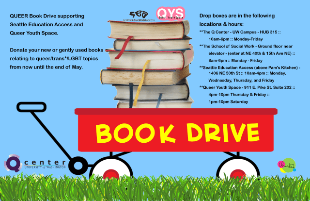 little red wagon reading "book drive" with a stack of books in it in the grass foregrounding a sky blue background