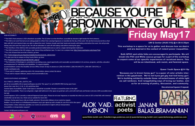 Top banner is a blurred collage with two clear images of two South Asian poet/activists around the title "Because you're brown honey gurl", the rest has a dark blue-ish background with white text and two pink rectangular bars, one under the top banner reading the date of the event, one at the bottom showing the logos of the sponsors