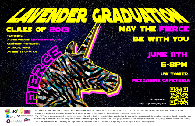 The background looks like space, in the foreground is a unicorn whose mane reads "fierce" and who has zebra stripes and glitter.