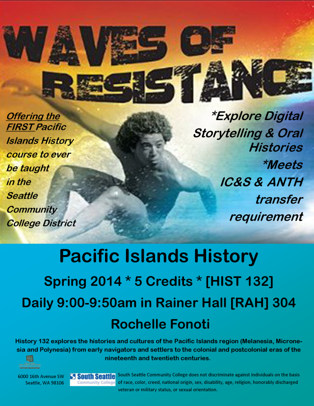 The top half of the poster has a man surfing below the words "Waves of resistance", there is some text on both sides of him. The bottom half of the poster has black text on a blue green background that gives the details of the class location and times.